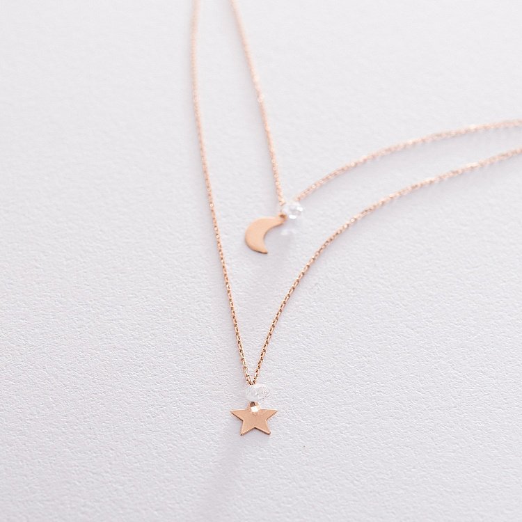 Двойное золотое колье "Луна и звезда" с фианитами кол01528 от ювелирного магазина Оникс