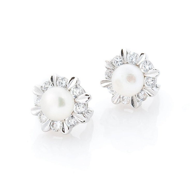 Срібні сережки з культ. прісн. перлами і фіанітами 121753 від ювелірного магазину Онікс