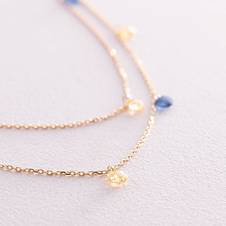 Двойное золотое колье "Украинка" (синие и желтые фианиты) кол02324 от ювелирного магазина Оникс - 2