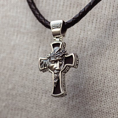 Мужской православный крест "Иисус Христос в терновом венце" из эбенового дерева и серебра 1460п №4