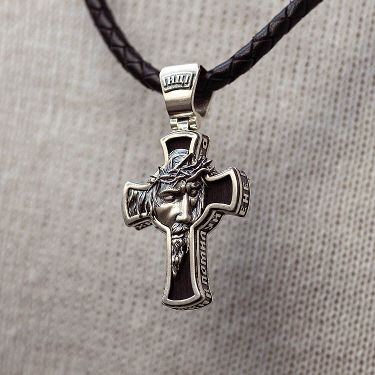 Мужской православный крест "Иисус Христос в терновом венце" из эбенового дерева и серебра 1460п от ювелирного магазина Оникс - 3