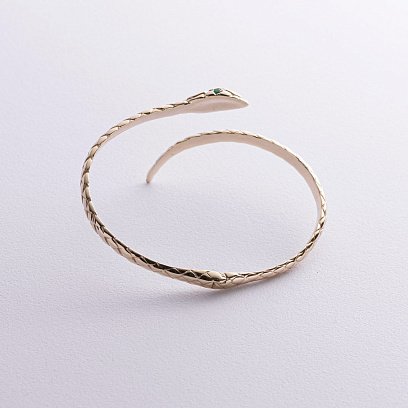 Жесткий браслет "Змея" в желтом золоте (изумруды) бб0044м №5