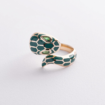 Золотое кольцо "Змея" (эмаль, фианиты) к07397