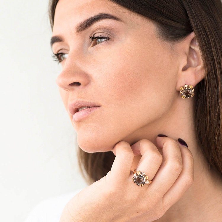 Золотое кольцо (дымчатый кварц, фианиты) 02-1420.0.4257 от ювелирного магазина Оникс - 3