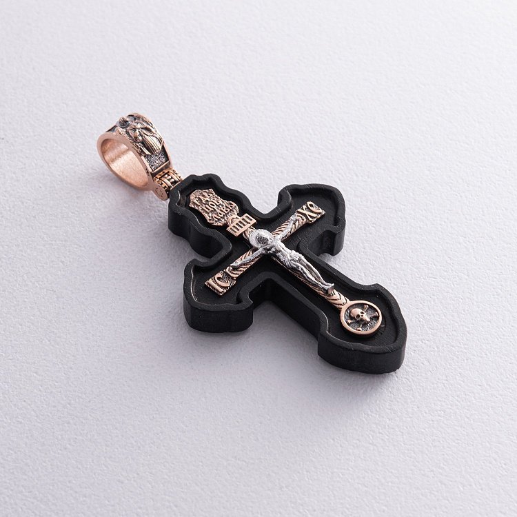 Золотий хрест "Розп'яття. Спаси та Збережи" з ебеновим деревом 631з від ювелірного магазину Онікс