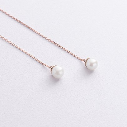Серьги - протяжки с жемчугом (красное золото) с09072 №4