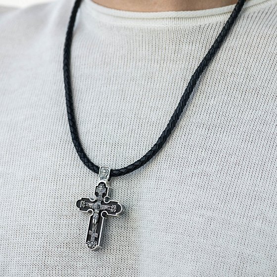 Чоловічий православний хрест "Розп'яття. Спаси і Збережи" з ебенового дерева та срібла 1214 №4