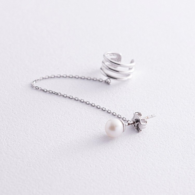 Серьга - каффа "Тринити" с жемчужиной (белое золото) с08251 от ювелирного магазина Оникс - 3