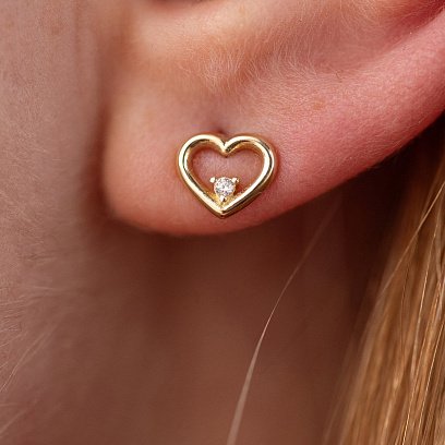 Сережки - пусети "Сердечки" у жовтому золоті (фіаніти) с08614 №4