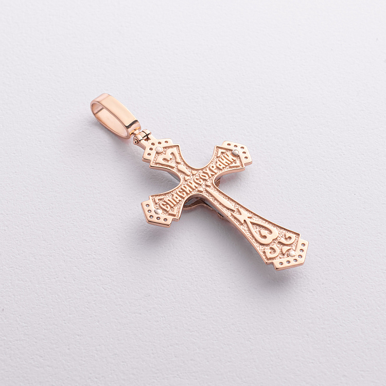 Православный золотой крест "Распятие. Спаси и Сохрани" (эмаль, фианиты) 270124Е от ювелирного магазина Оникс - 1