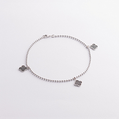 Серебряный браслет "Клевер" на ногу (черные фианиты) 141804