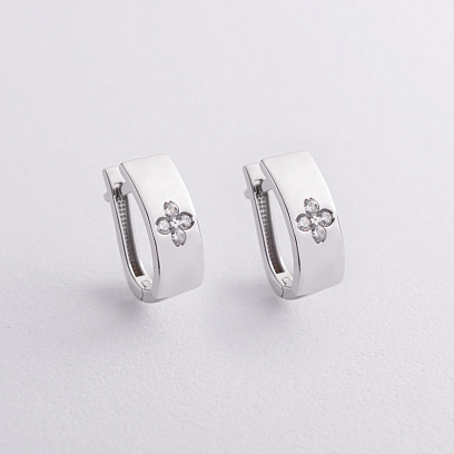 Серьги "Клевер" в белом золоте (фианиты) с09513