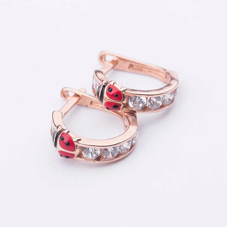 Детские золотые серьги "Божья коровка" с эмалью с02582 от ювелирного магазина Оникс - 1