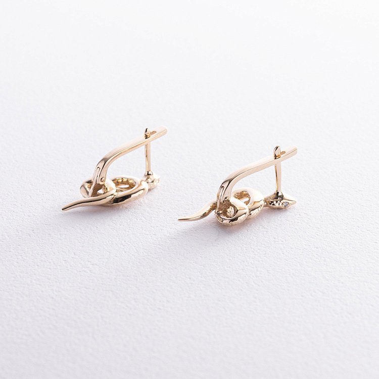 Сережки "Змії" у жовтому золоті (білі фіаніти) с08469 від ювелірного магазину Онікс - 3