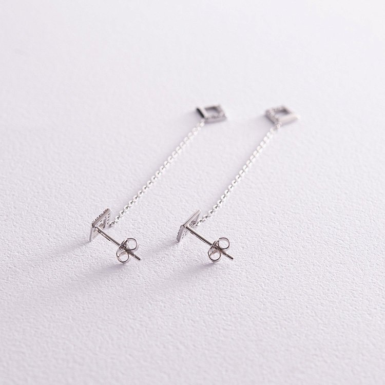 Золотые серьги "Ромбы" на цепочке (фианиты) с07279 от ювелирного магазина Оникс - 2