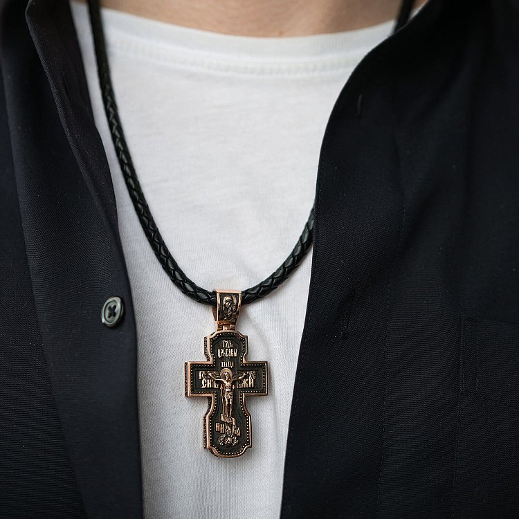 Золотий хрест "Господь. Архангели Михаїл та Гавриїл. Ангел Хранитель. Святитель Миколай. Сергій Радонезький" з ебеновим деревом 980з від ювелірного магазину Онікс - 2