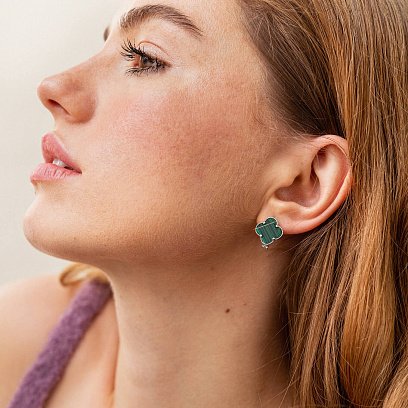 Серебряные серьги "Клевер" с малахитом 122115 №3