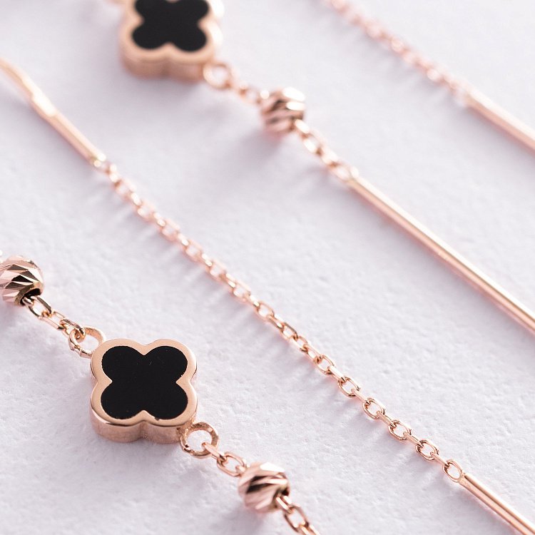 Золотые серьги - протяжки "Клевер" (эмаль) с07610 от ювелирного магазина Оникс - 2