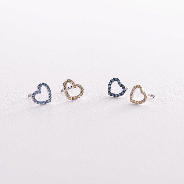 Золоті сережки - пусети "Сердечки" з блакитними та жовтими діамантами 327111121 від ювелірного магазину Онікс - 8