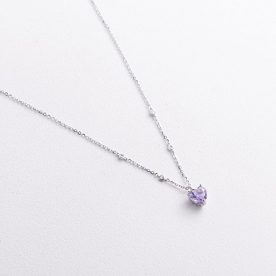 Серебряное колье "Сердечко" (фиолетовый и белые фианиты) 181389 №3