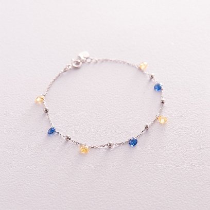 Браслет "Незалежна" з кульками у білому золоті (сині та жовті фіаніти) б05171