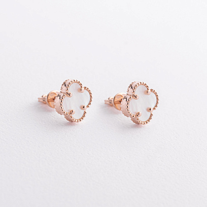 Сережки - пусети "Конюшина" з перламутром (червоне золото) с08906 №2