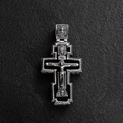Серебряный крест "Распятие. Св. Николай. Спаси и Сохрани" (на укр. языке) с эбеновым деревом 1774
