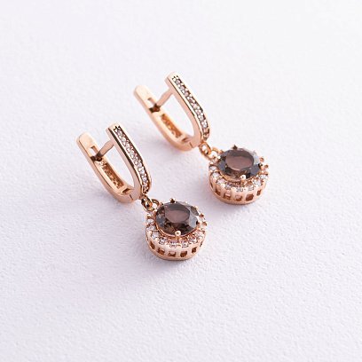 Золотые серьги (дымчатый кварц, фианиты) с01494