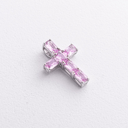 Серебряный крестик с розовыми синтетическими сапфирами 3024/1р-PSPH