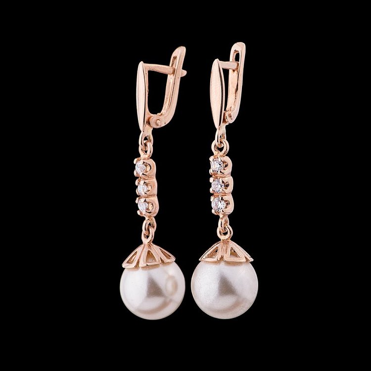 Золоті сережки з перлами і фіанітами с02626 від ювелірного магазину Онікс