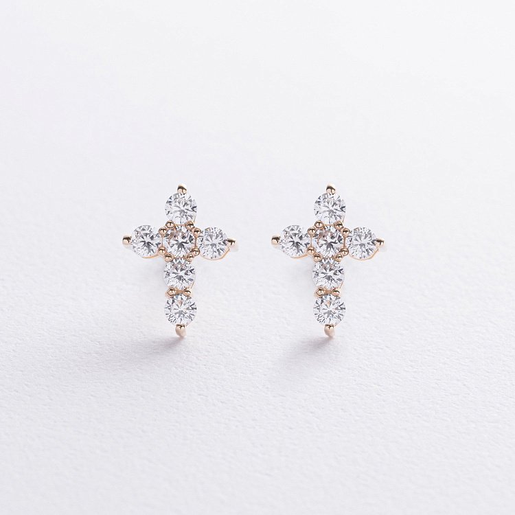 Серьги - пусеты "Крестики" в желтом золоте (фианиты) с09036 от ювелирного магазина Оникс