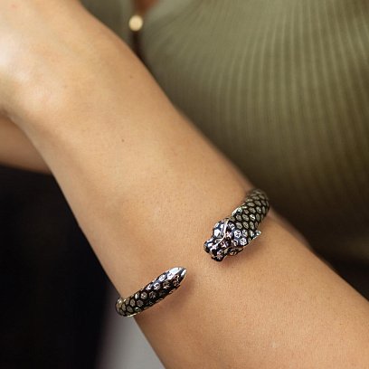 Жорсткий золотий браслет "Пантера" (емаль, фіаніти) б05345 №6