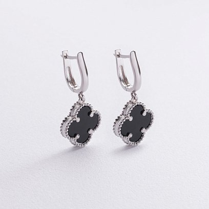 Серебряные серьги "Клевер" (оникс) 123368