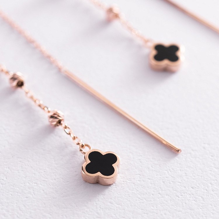 Золотые серьги - протяжки "Клевер" (эмаль) с07611 от ювелирного магазина Оникс - 1