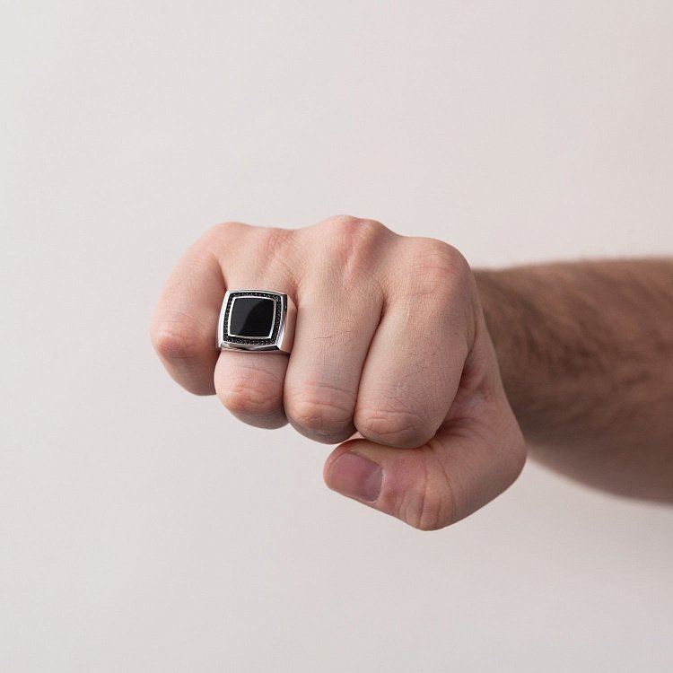 Золотая мужская печатка (оникс, фианит) к06084 от ювелирного магазина Оникс - 1