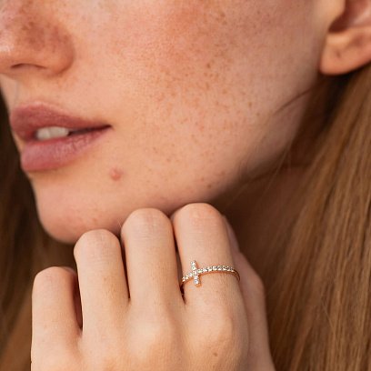 Каблучка "Хрестик" в червоному золоті (фіаніти) к08196 №4