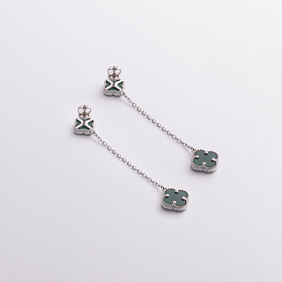 Срібні сережки "Конюшина на ланцюжку" (малахіт) 123511 №2