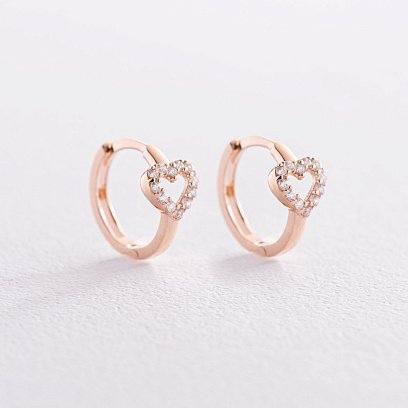 Золоті сережки - кільця "Сердечка" (фіаніти) с07434