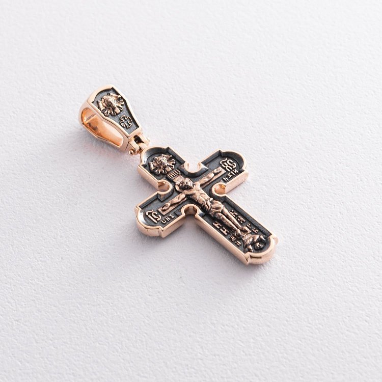 Православный золотой крест "Распятие Христово. Спас Нерукотворный. Икона Божией Матери знамение. Святитель Николай" п02699 от ювелирного магазина Оникс