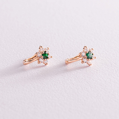 Дитячі золоті сережки "Квіточки" з фіанітами зеленими фіанітами с03612 №3