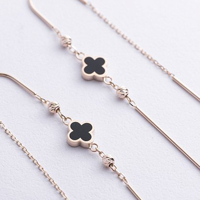 Золоті сережки - протяжки "Конюшина" (емаль) с08845 №3