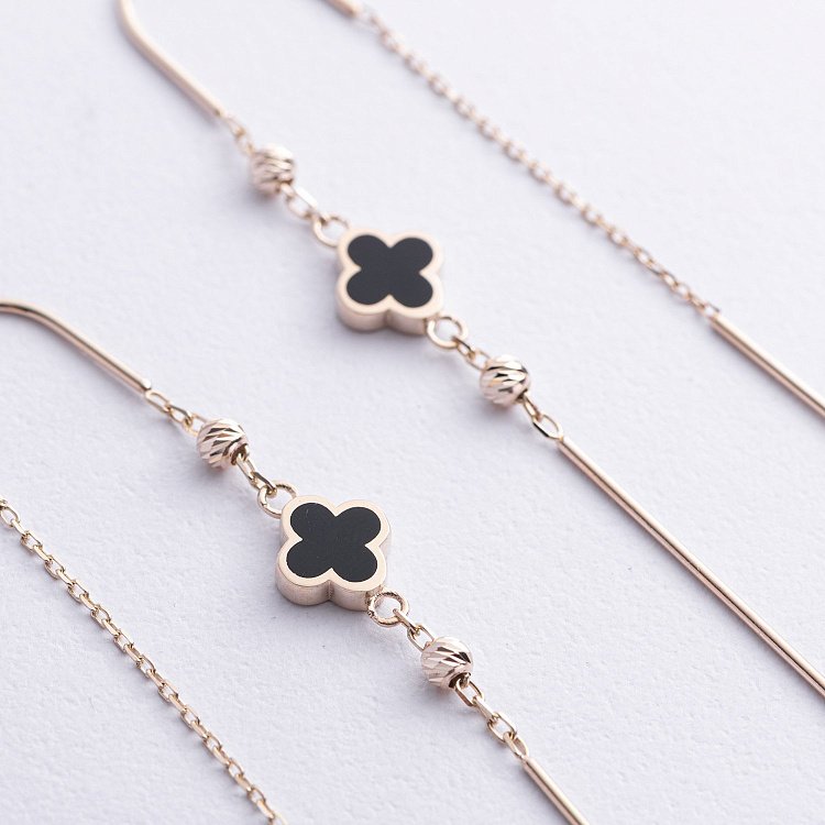 Золоті сережки - протяжки "Конюшина" (емаль) с08845 від ювелірного магазину Онікс - 2