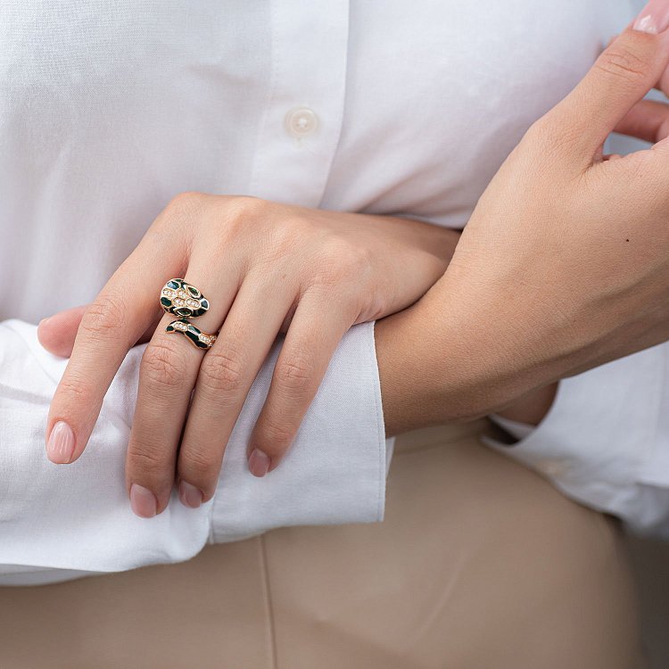 Золотое кольцо "Змея" (эмаль, фианит) к06644 от ювелирного магазина Оникс - 2