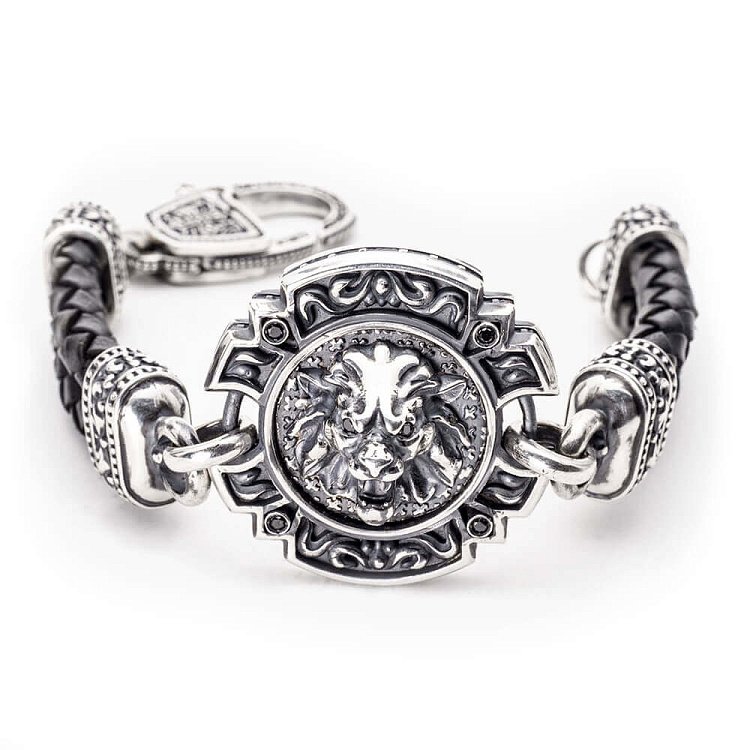 Браслет из серебра и кожи "Львиное сердце" tllionheart от ювелирного магазина Оникс
