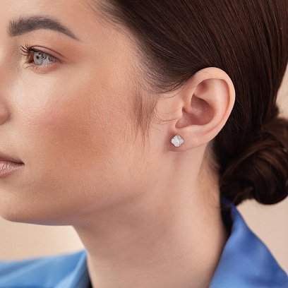 Серебряные серьги - пусеты "Клевер" с перламутром mini 123294 №2