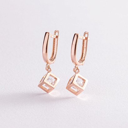 Золотые серьги "Кубики" с фианитами с07528