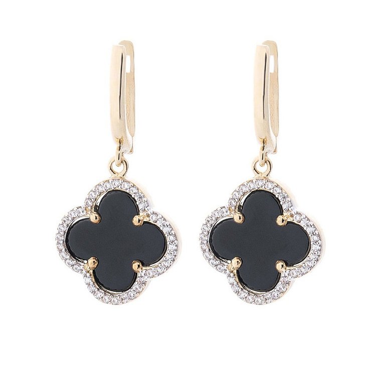 Золотые серьги "Клевер" (фианиты, оникс) с05126 от ювелирного магазина Оникс