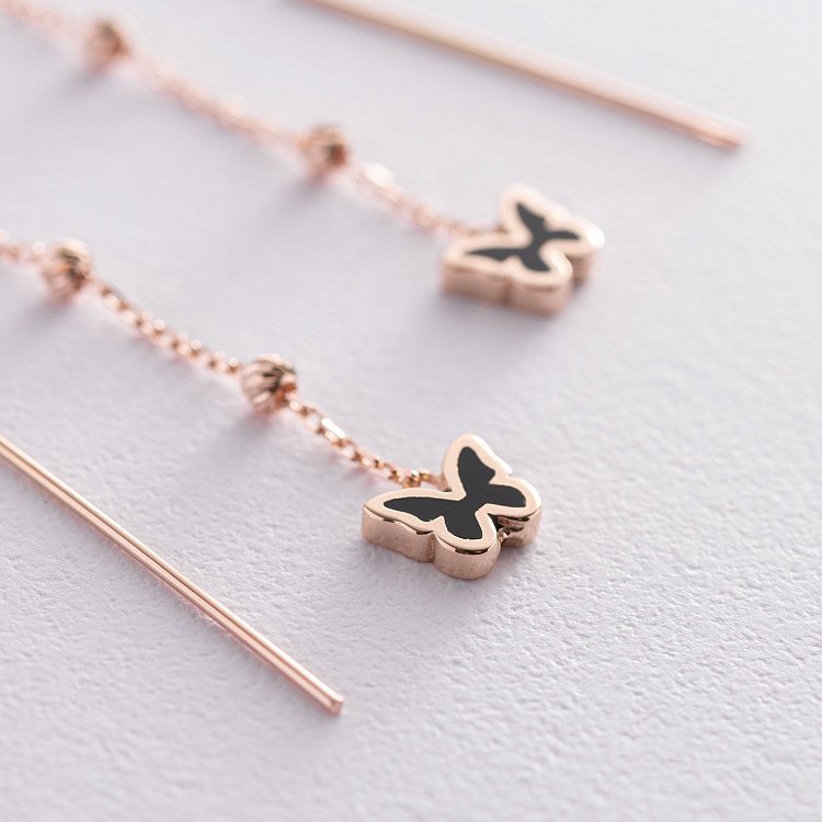 Золотые серьги - протяжки "Бабочки" (эмаль) с07349 - 2 Золотые серьги - протяжки "Бабочки" (эмаль) с07349 от ювелирного магазина Оникс - 2