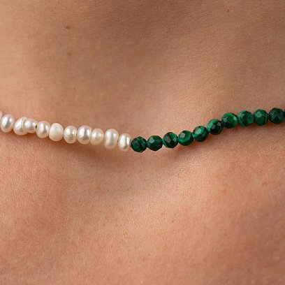 Серебряное колье "Жемчужинки и малахит" 181285 №6