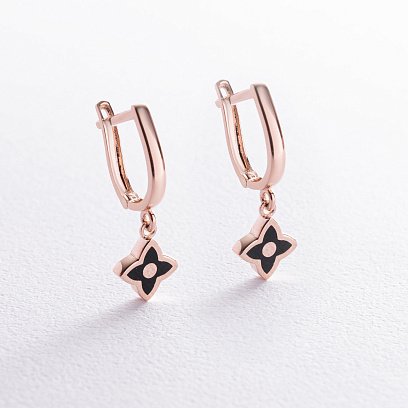 Серьги "Клевер" в красном золоте (эмаль) с08487